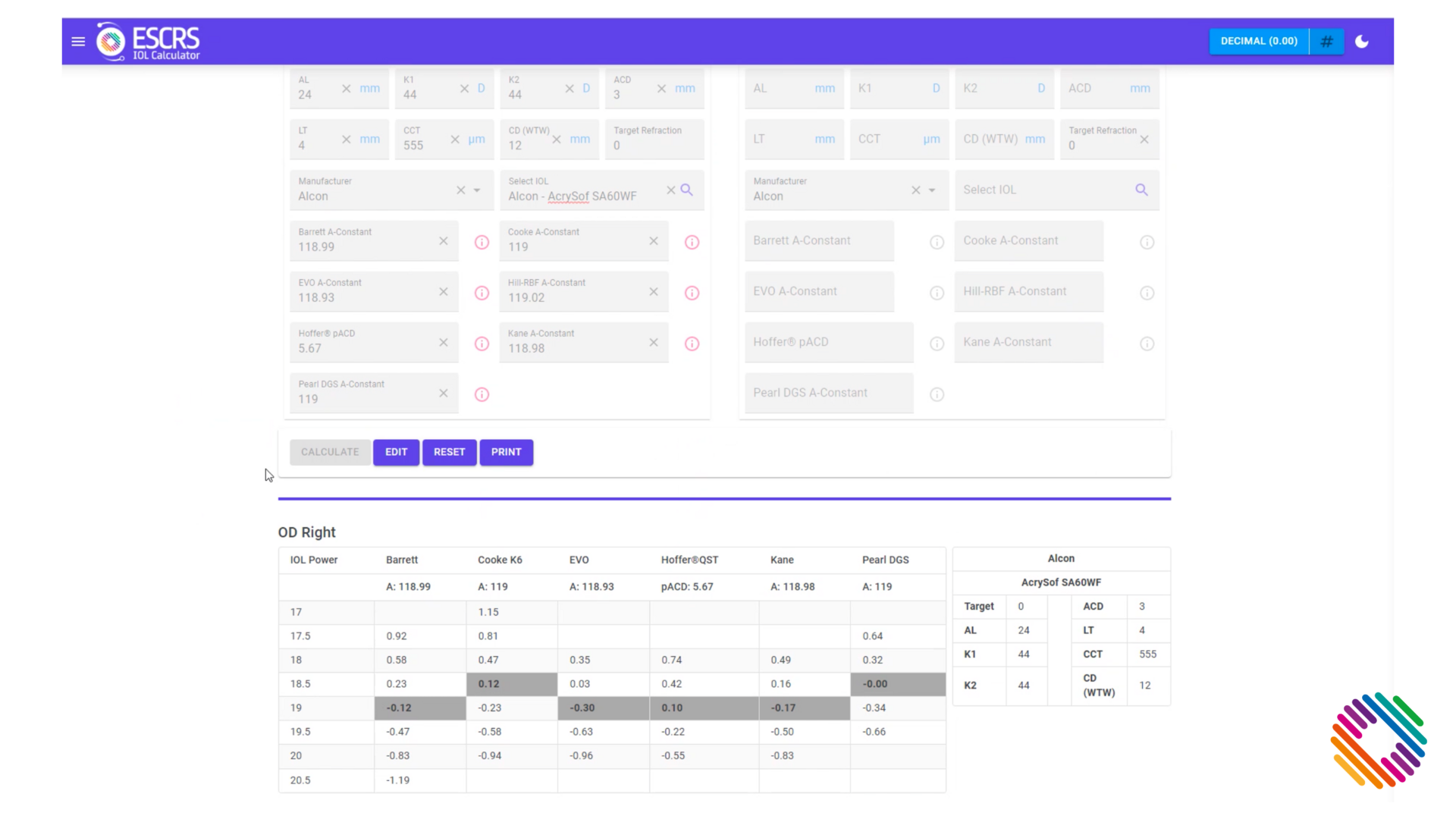 ESCRS IOL Calculator 1C